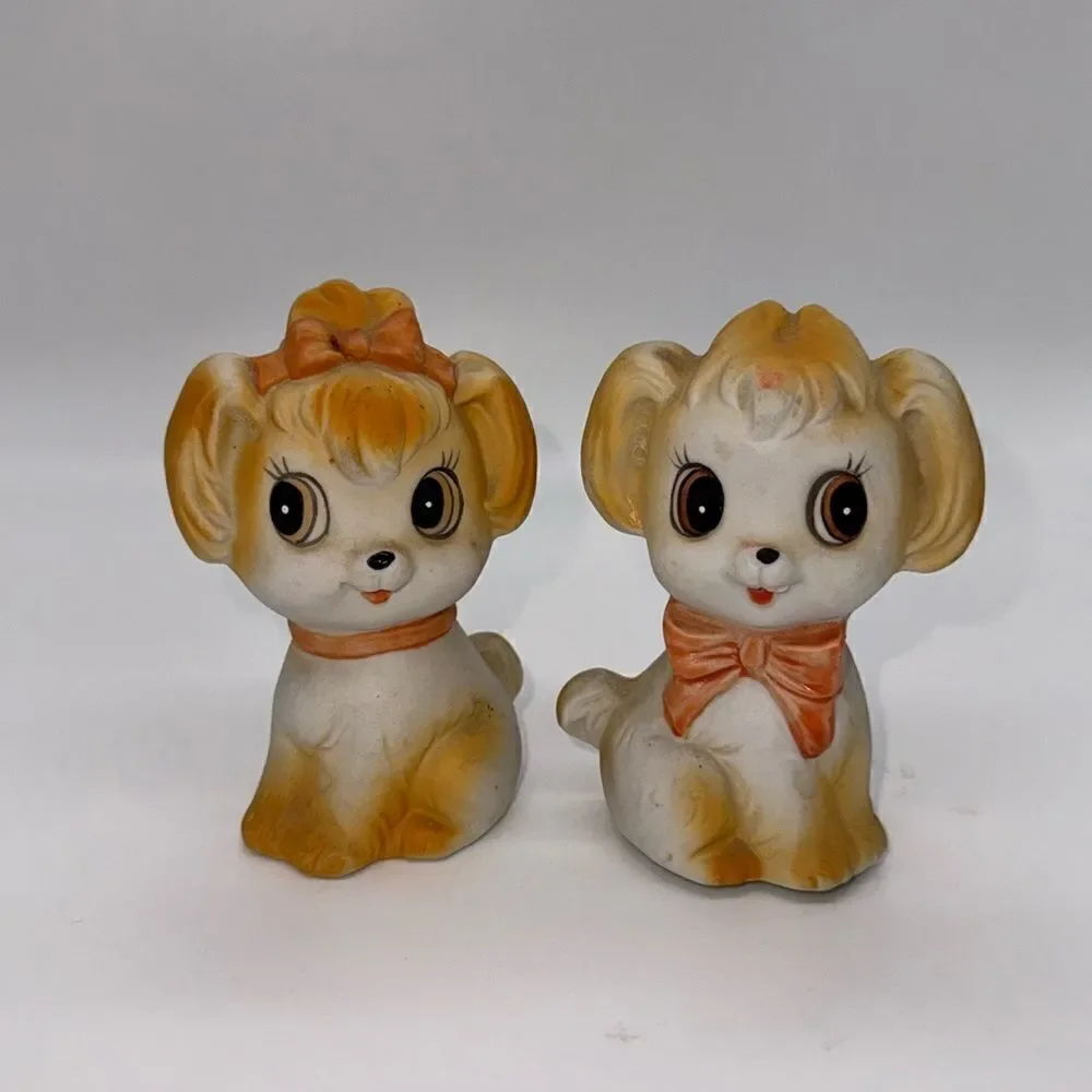 Vintage Ceramic Bisque Puppy Salt and Pepper Shakers Taiwan